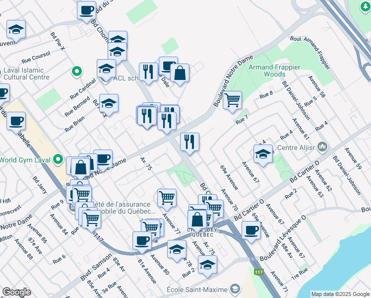 map of restaurants, bars, coffee shops, grocery stores, and more near 645 Place Chomedey in Laval