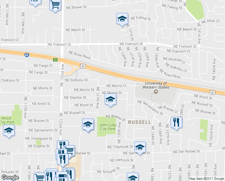 map of restaurants, bars, coffee shops, grocery stores, and more near 12837 Northeast Morris Street in Portland