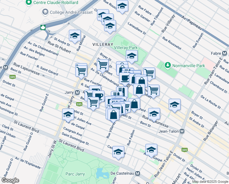 map of restaurants, bars, coffee shops, grocery stores, and more near 7762 Rue Foucher in Montréal