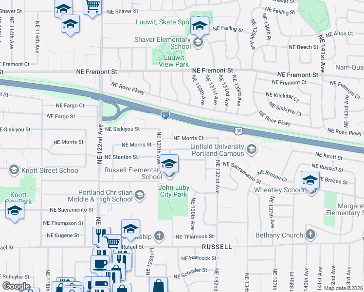 map of restaurants, bars, coffee shops, grocery stores, and more near 12837 Northeast Morris Street in Portland