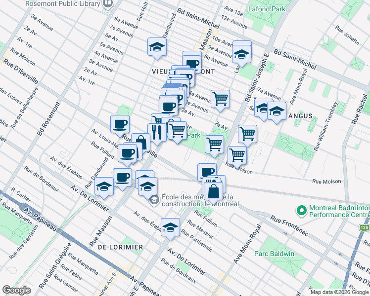 map of restaurants, bars, coffee shops, grocery stores, and more near 5250 Rue Molson in Montréal