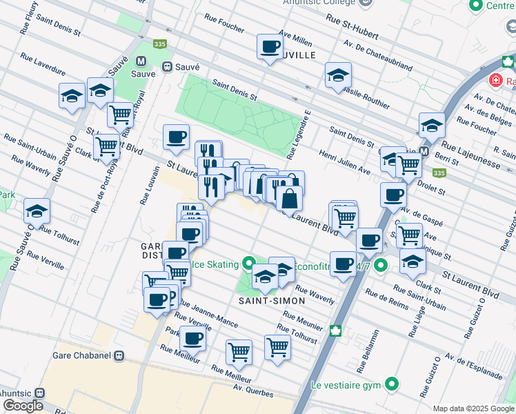 map of restaurants, bars, coffee shops, grocery stores, and more near in Montréal