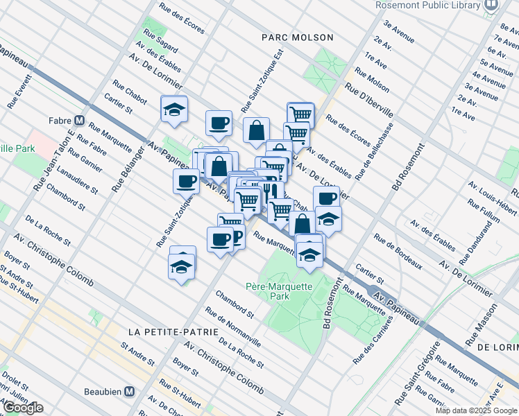 map of restaurants, bars, coffee shops, grocery stores, and more near in Montréal