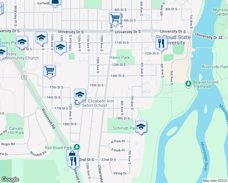 map of restaurants, bars, coffee shops, grocery stores, and more near 1528 9th Avenue South in St. Cloud