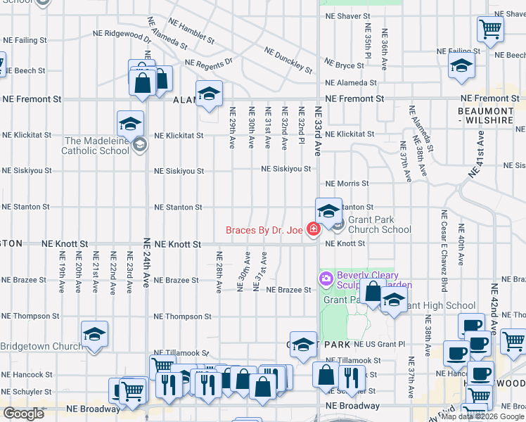 map of restaurants, bars, coffee shops, grocery stores, and more near 2847 Northeast 31st Avenue in Portland
