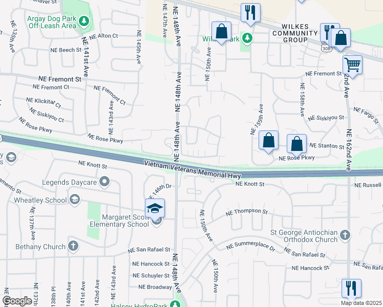 map of restaurants, bars, coffee shops, grocery stores, and more near 14863 Northeast Graham Street in Portland