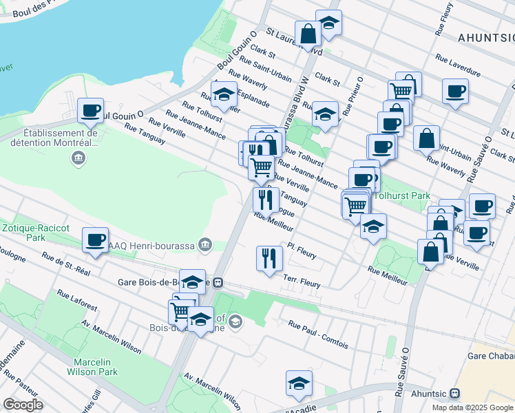 map of restaurants, bars, coffee shops, grocery stores, and more near 10610 Rue Meilleur in Montréal