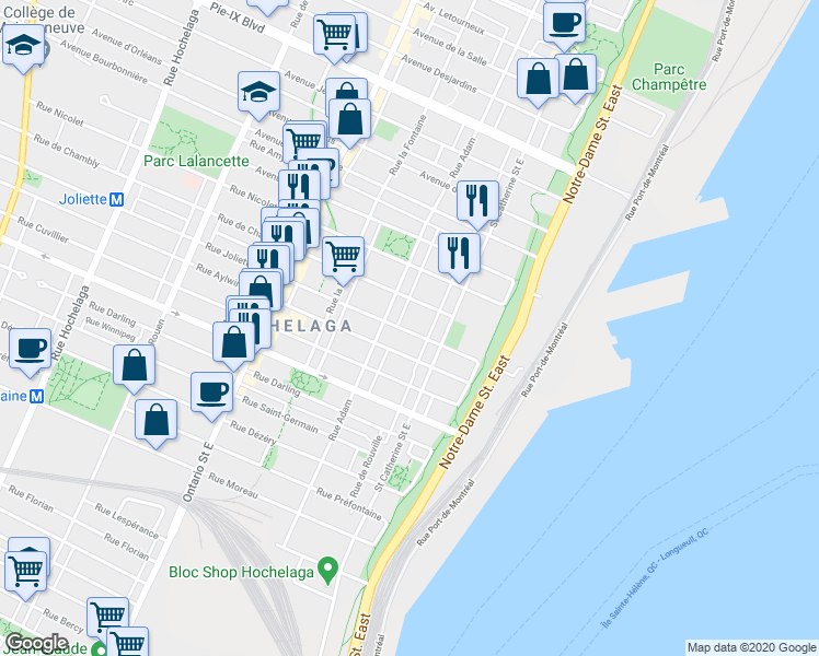 map of restaurants, bars, coffee shops, grocery stores, and more near 1467 Rue Joliette in Montréal