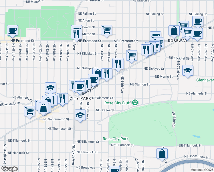 map of restaurants, bars, coffee shops, grocery stores, and more near 2755 Northeast 62nd Avenue in Portland