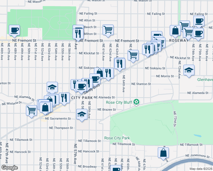 map of restaurants, bars, coffee shops, grocery stores, and more near 2755 Northeast 62nd Avenue in Portland