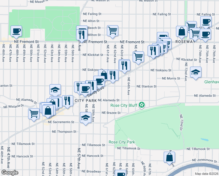 map of restaurants, bars, coffee shops, grocery stores, and more near 2755 Northeast 62nd Avenue in Portland