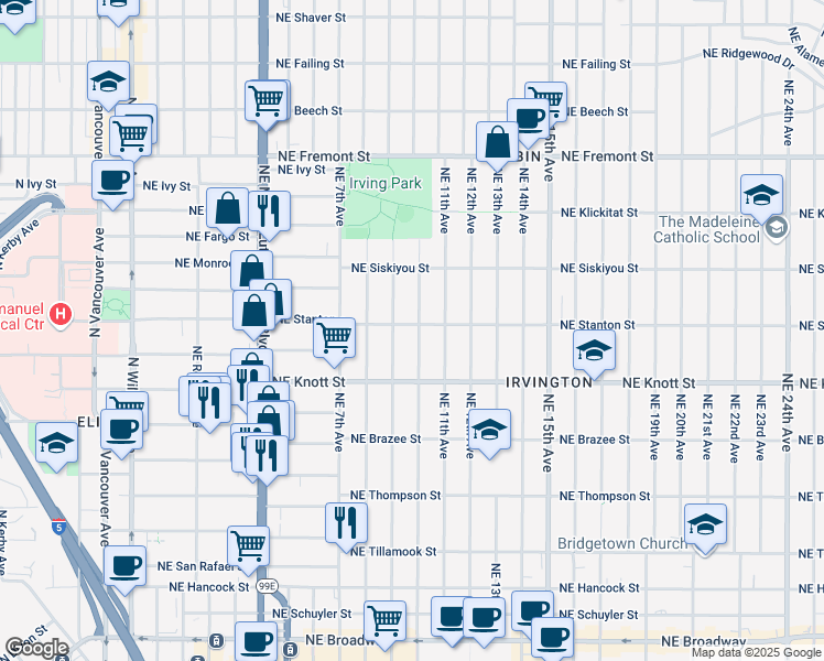 map of restaurants, bars, coffee shops, grocery stores, and more near 2802 Northeast 9th Avenue in Portland