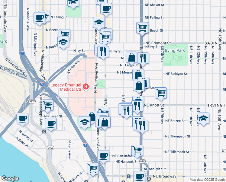 map of restaurants, bars, coffee shops, grocery stores, and more near 43 Northeast Graham Street in Portland