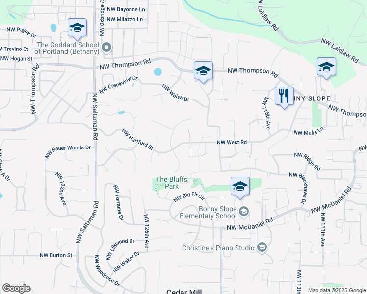 map of restaurants, bars, coffee shops, grocery stores, and more near 3195 Northwest 123rd Place in Portland