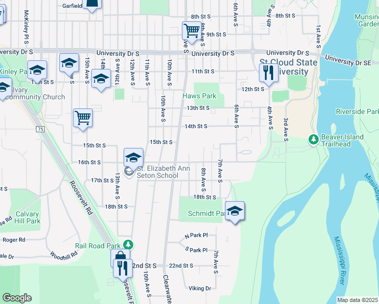 map of restaurants, bars, coffee shops, grocery stores, and more near 1528 9th Avenue South in St. Cloud