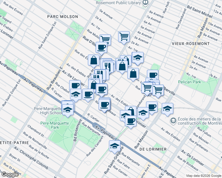 map of restaurants, bars, coffee shops, grocery stores, and more near 2190 Rue des Carrières in Montreal