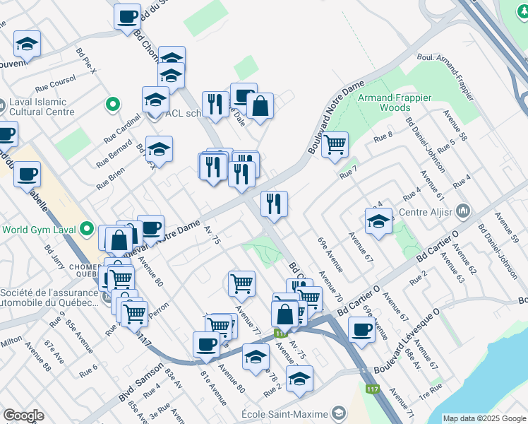 map of restaurants, bars, coffee shops, grocery stores, and more near Place Chomedey in Laval