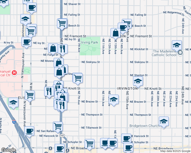 map of restaurants, bars, coffee shops, grocery stores, and more near 2802 Northeast 9th Avenue in Portland