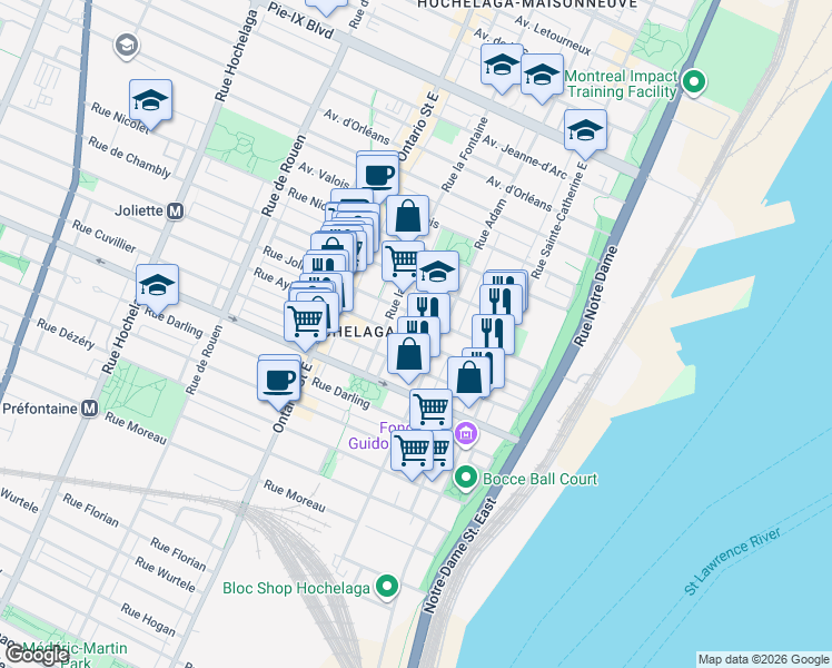 map of restaurants, bars, coffee shops, grocery stores, and more near 1669 Rue Aylwin in Montréal