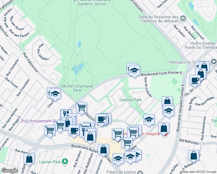 map of restaurants, bars, coffee shops, grocery stores, and more near 1372 Rue des Cervidés in Longueuil