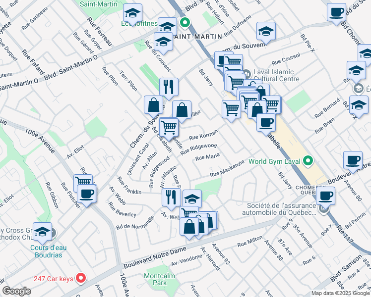 map of restaurants, bars, coffee shops, grocery stores, and more near 1205 Rue Ridgewood in Laval
