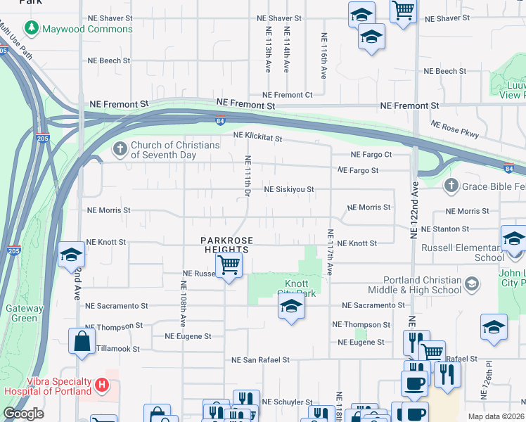 map of restaurants, bars, coffee shops, grocery stores, and more near 11301 Northeast Morris Street in Portland