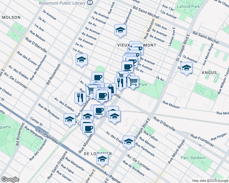 map of restaurants, bars, coffee shops, grocery stores, and more near 5455 Rue D'Iberville in Montréal