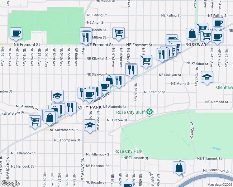 map of restaurants, bars, coffee shops, grocery stores, and more near 2755 Northeast 62nd Avenue in Portland