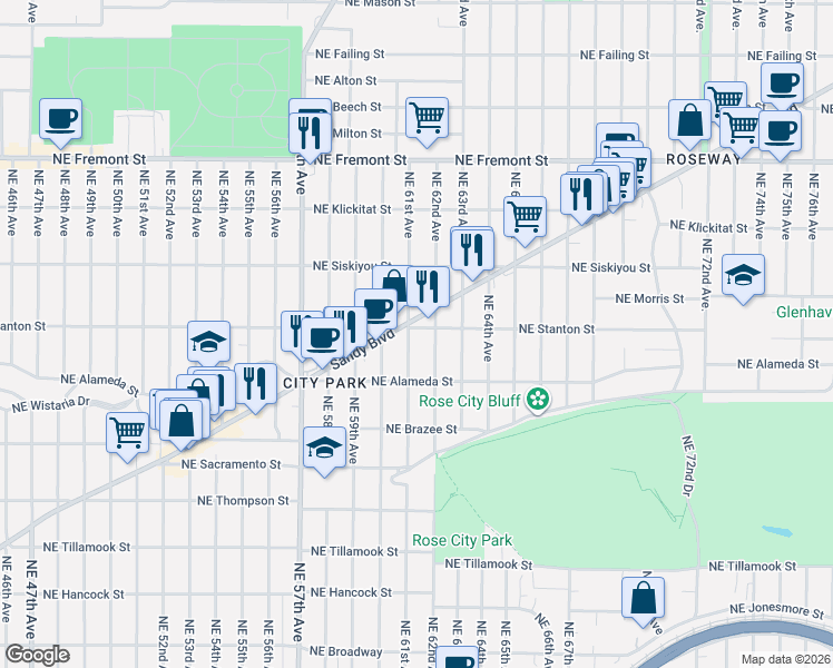 map of restaurants, bars, coffee shops, grocery stores, and more near 2755 Northeast 62nd Avenue in Portland
