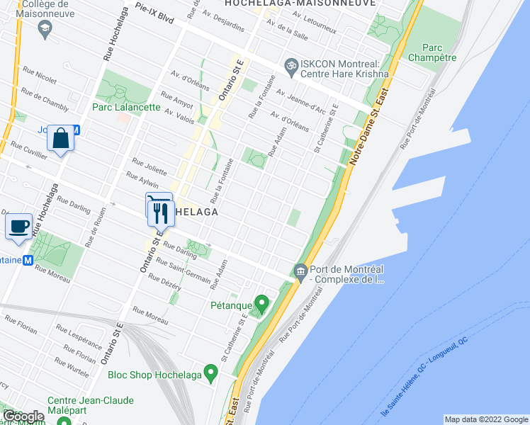 map of restaurants, bars, coffee shops, grocery stores, and more near 1465 Rue Joliette in Montréal
