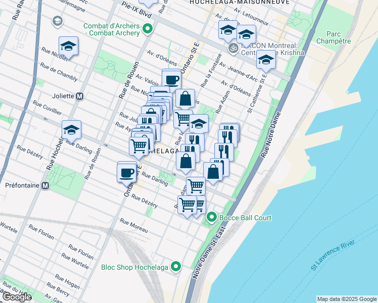 map of restaurants, bars, coffee shops, grocery stores, and more near in Montreal