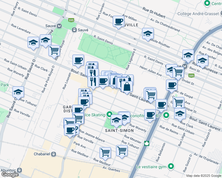 map of restaurants, bars, coffee shops, grocery stores, and more near in Montréal