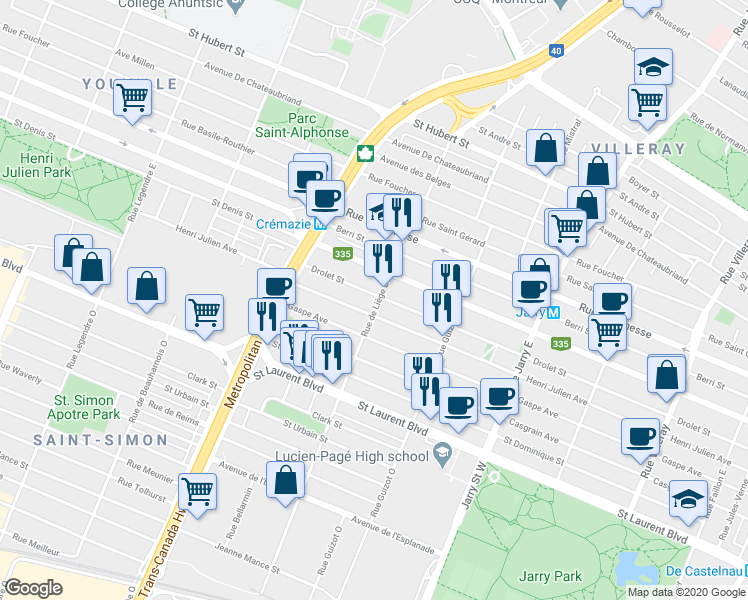 map of restaurants, bars, coffee shops, grocery stores, and more near 8502 Rue Drolet in Montréal