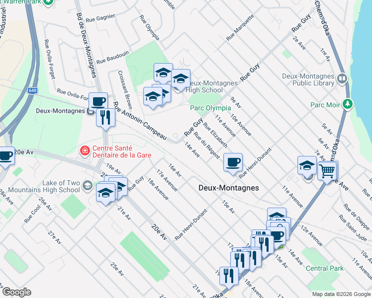 map of restaurants, bars, coffee shops, grocery stores, and more near 446 Avenue 14e in Deux-Montagnes
