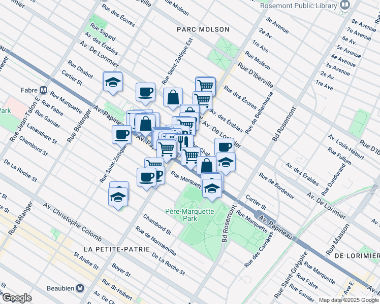 map of restaurants, bars, coffee shops, grocery stores, and more near 6399 Rue Cartier in Montréal