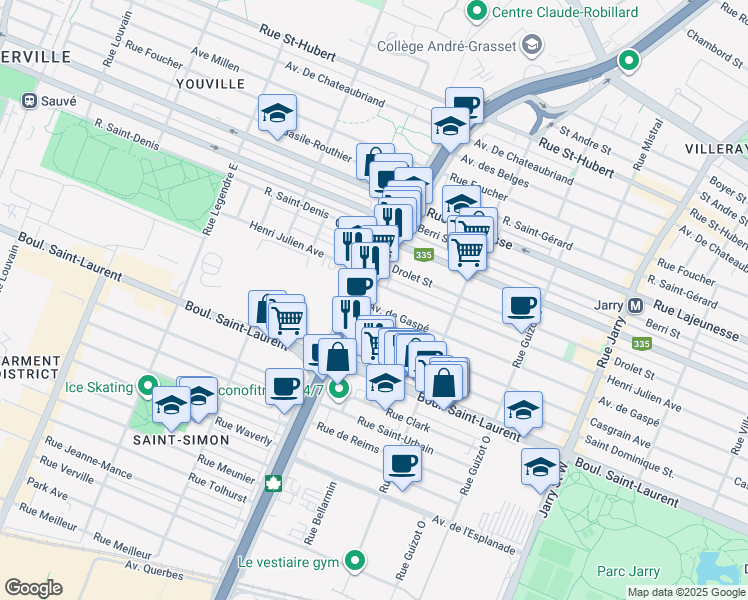 map of restaurants, bars, coffee shops, grocery stores, and more near in Montreal