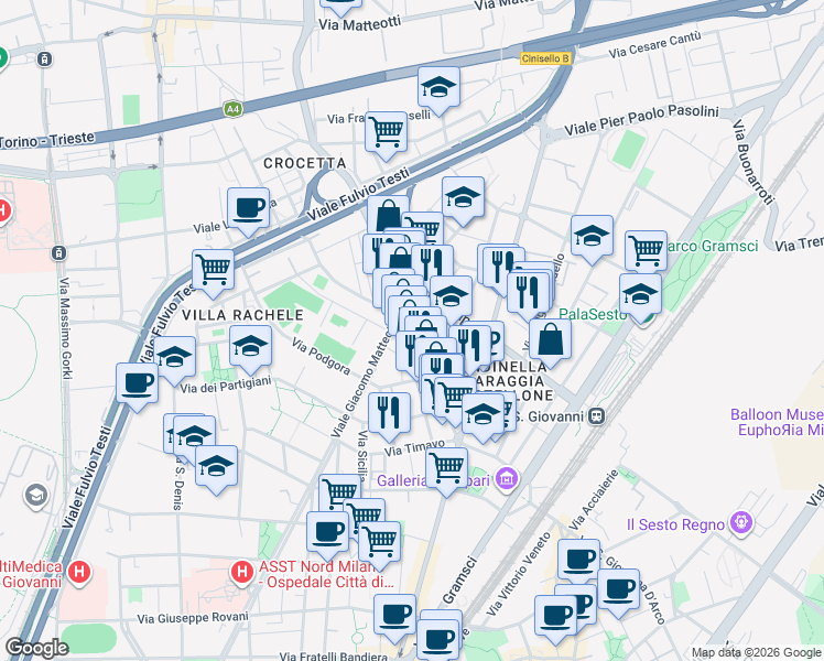 map of restaurants, bars, coffee shops, grocery stores, and more near 7 Via Ugo Foscolo in Sesto San Giovanni