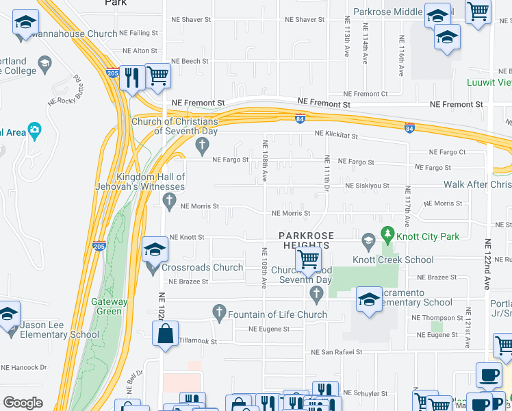 map of restaurants, bars, coffee shops, grocery stores, and more near 10731 Northeast Morris Street in Portland