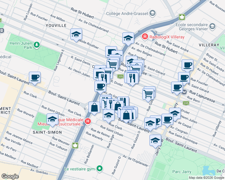 map of restaurants, bars, coffee shops, grocery stores, and more near 8648 Avenue Henri-Julien in Montréal