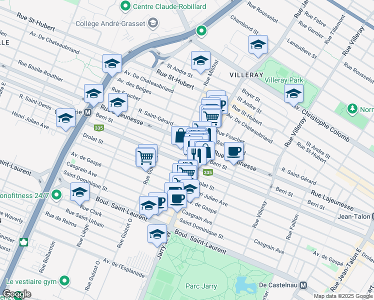 map of restaurants, bars, coffee shops, grocery stores, and more near 8163 Rue Berri in Montréal
