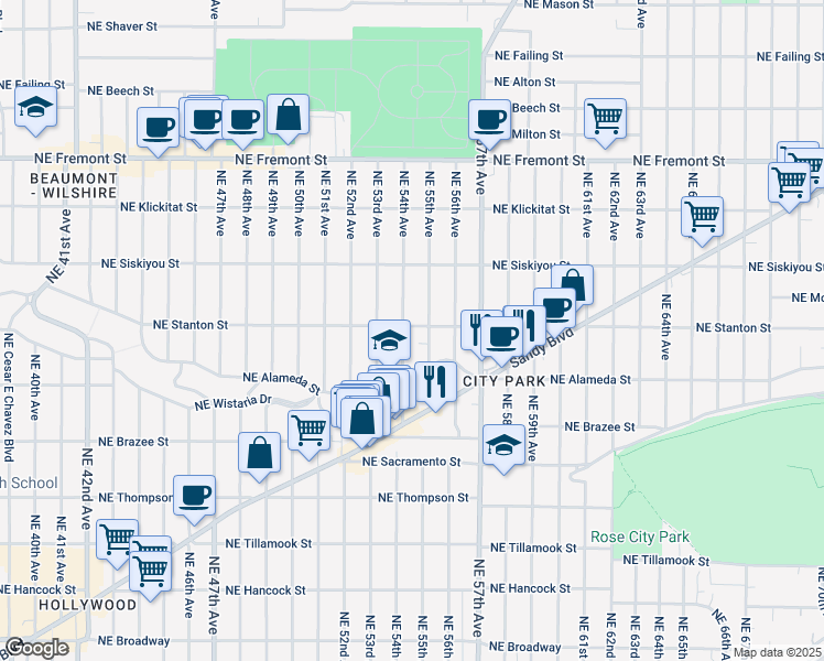 map of restaurants, bars, coffee shops, grocery stores, and more near 2823 Northeast 55th Avenue in Portland