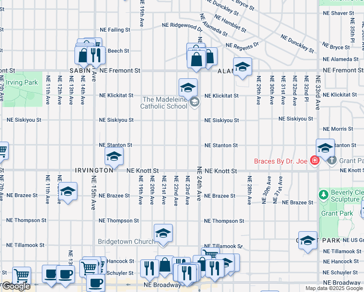 map of restaurants, bars, coffee shops, grocery stores, and more near 2806 Northeast 22nd Avenue in Portland