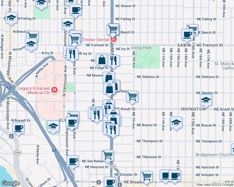 map of restaurants, bars, coffee shops, grocery stores, and more near 433 Northeast Graham Street in Portland