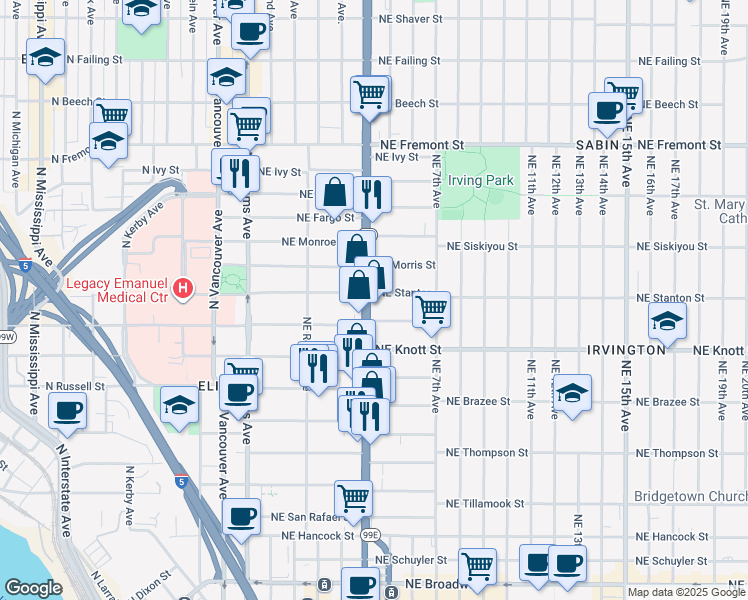 map of restaurants, bars, coffee shops, grocery stores, and more near 433 Northeast Graham Street in Portland