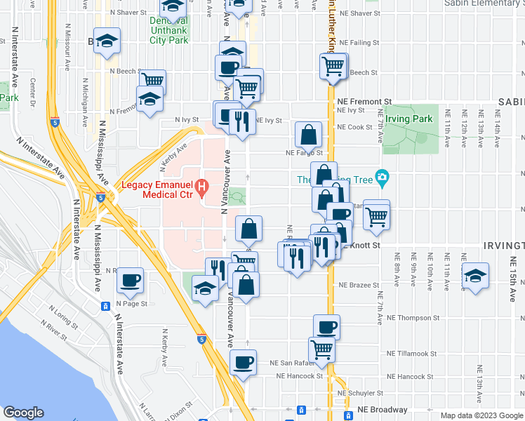 map of restaurants, bars, coffee shops, grocery stores, and more near 43 Northeast Graham Street in Portland