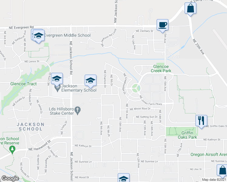 map of restaurants, bars, coffee shops, grocery stores, and more near 2491 Northeast 10th Avenue in Hillsboro
