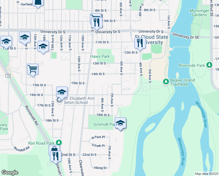 map of restaurants, bars, coffee shops, grocery stores, and more near 1533 16th Street South in St. Cloud