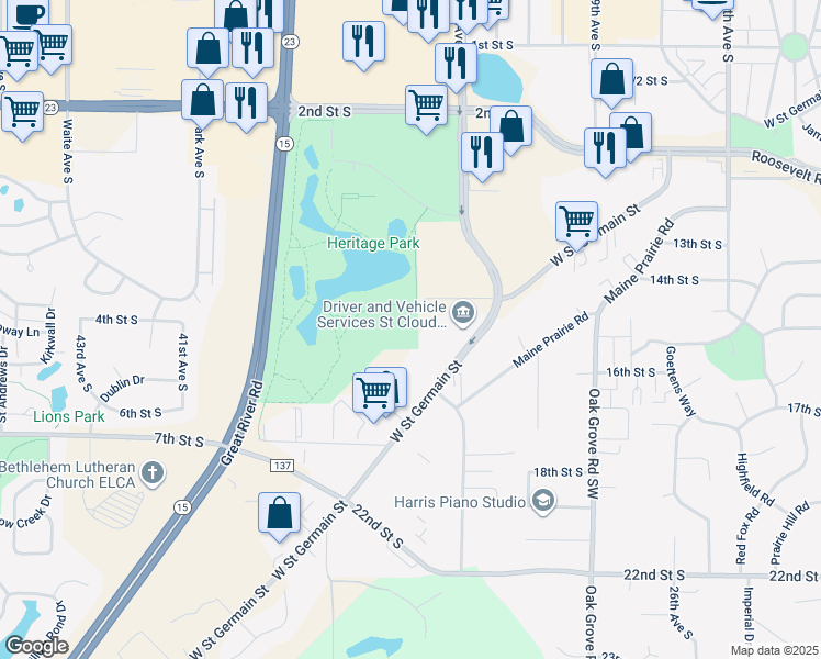 map of restaurants, bars, coffee shops, grocery stores, and more near 3365 West Street Germain Street in St. Cloud