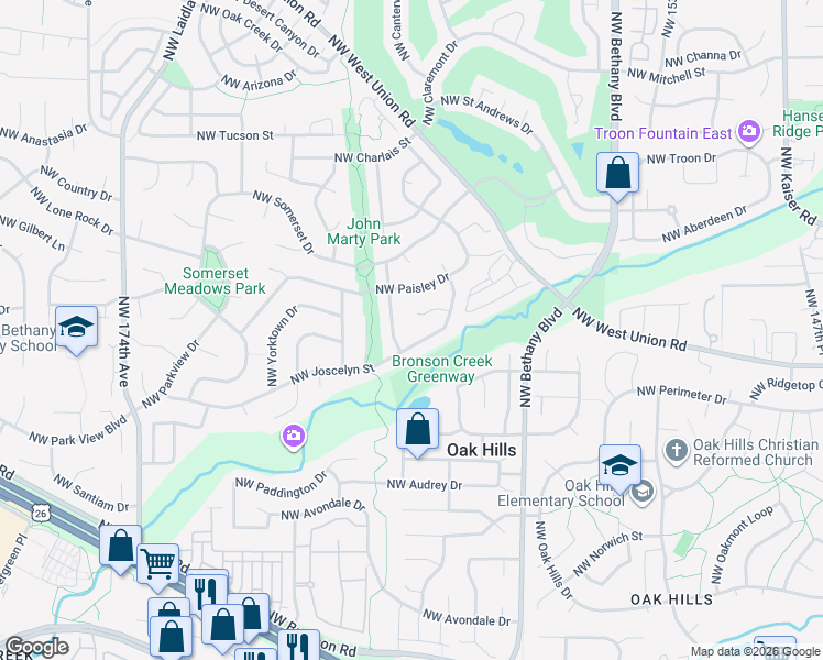 map of restaurants, bars, coffee shops, grocery stores, and more near 16256 Northwest Kevin Court in Beaverton