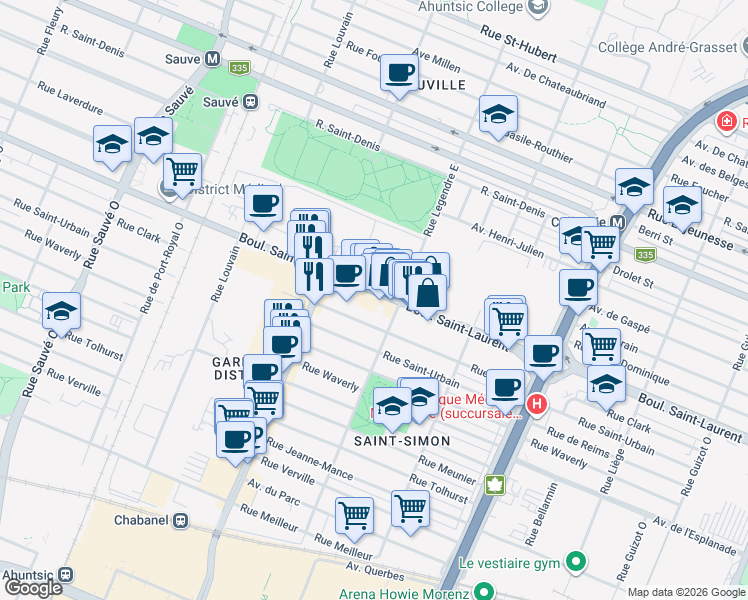 map of restaurants, bars, coffee shops, grocery stores, and more near 9160 Boulevard Saint-Laurent in Montréal